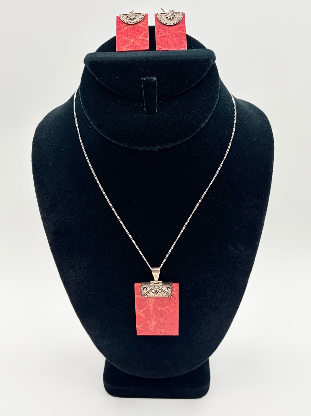 Vintage 925 Silver Red Ceramic Pendant Necklace & Earrings Set